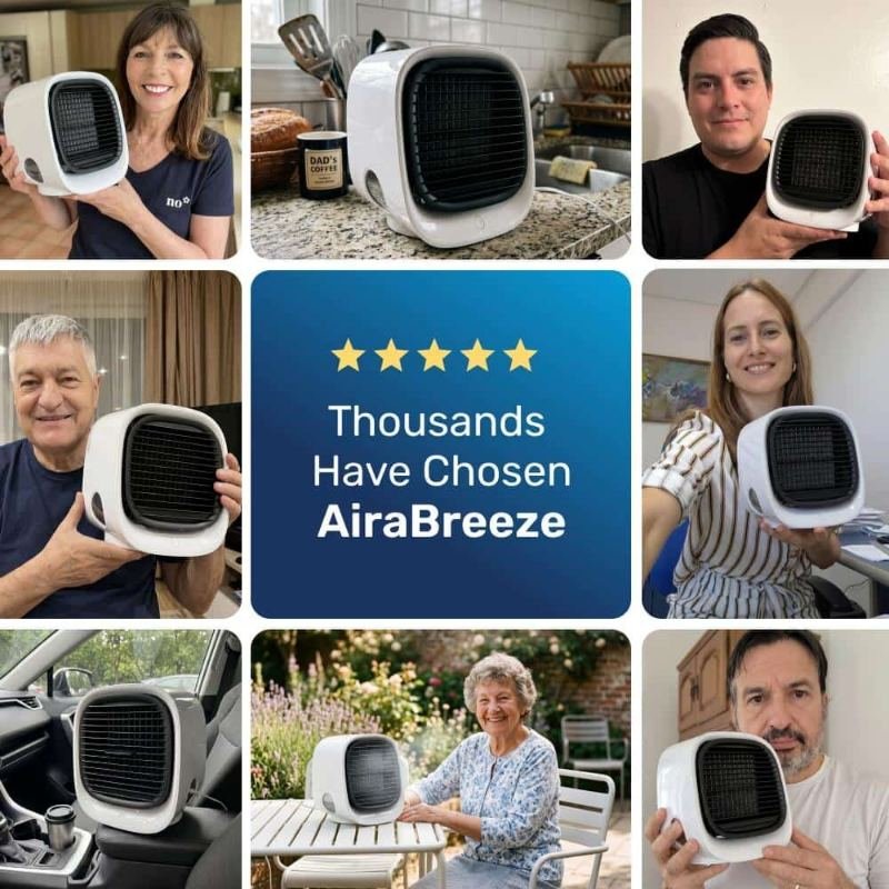 Collage of AiraBreeze customers showing their portable coolers at home, in the office and in the car