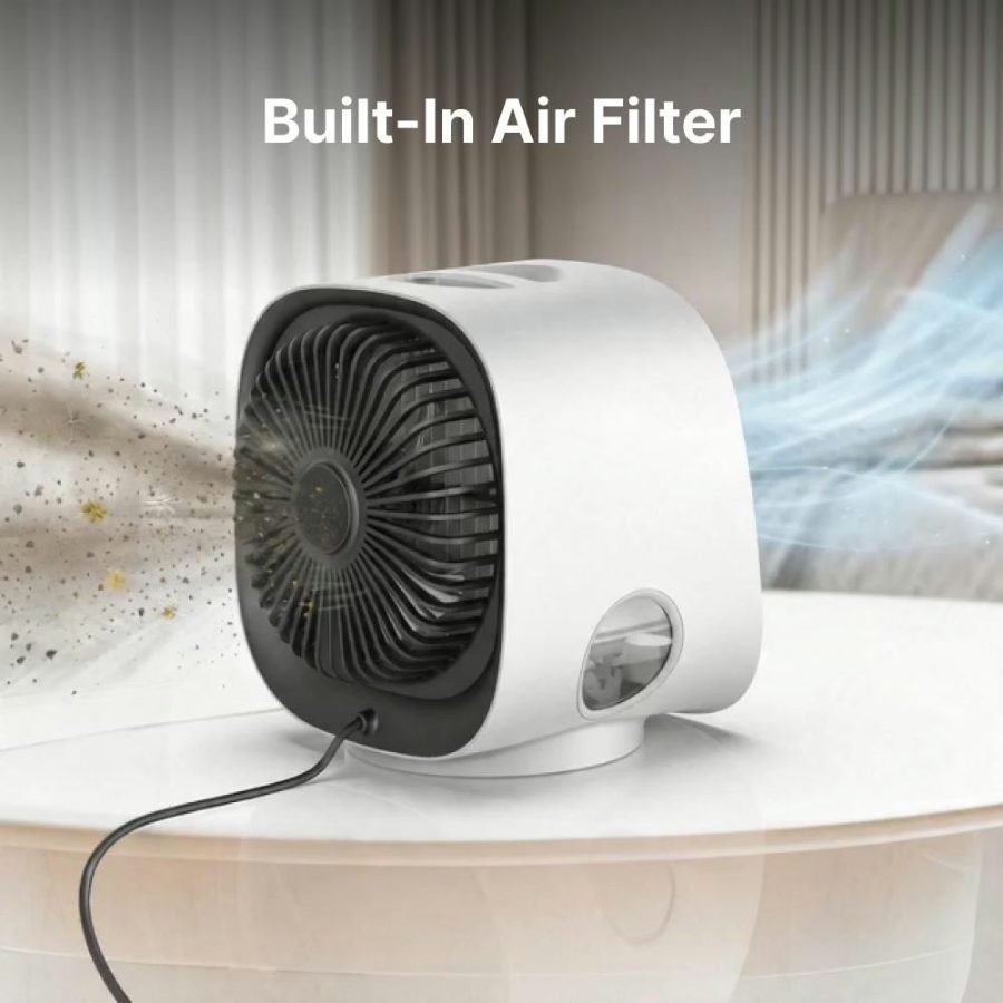 AiraBreeze rear view showing the fan and built-in air filter cleaning dusty air