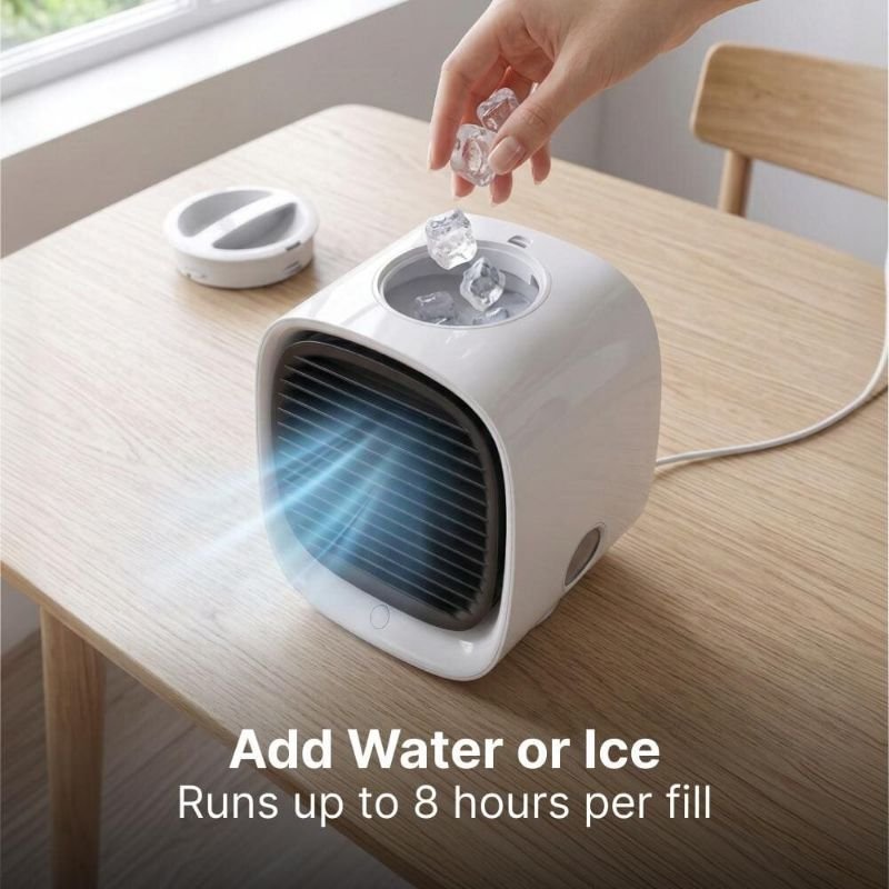 Hand dropping ice cubes into the AiraBreeze water tank, which runs up to 8 hours per fill