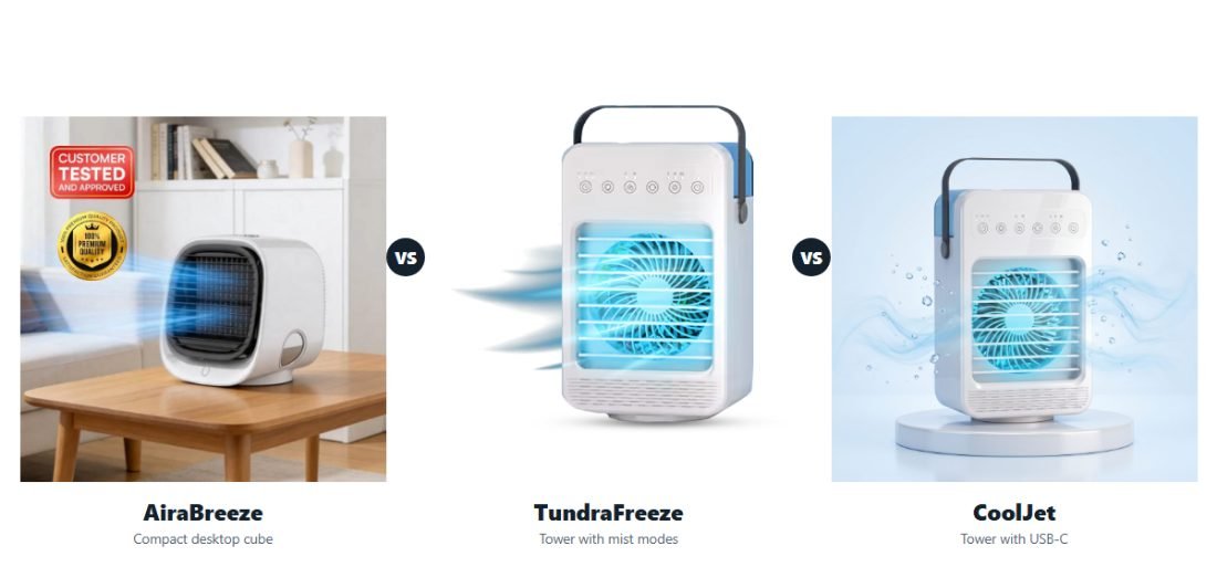 The three best portable air coolers of 2026 side by side: AiraBreeze, TundraFreeze and CoolJet