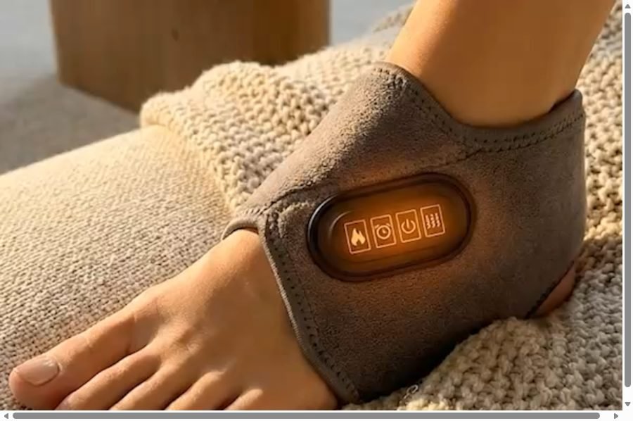 EMSense foot massager wrap worn on a foot with the glowing control panel visible