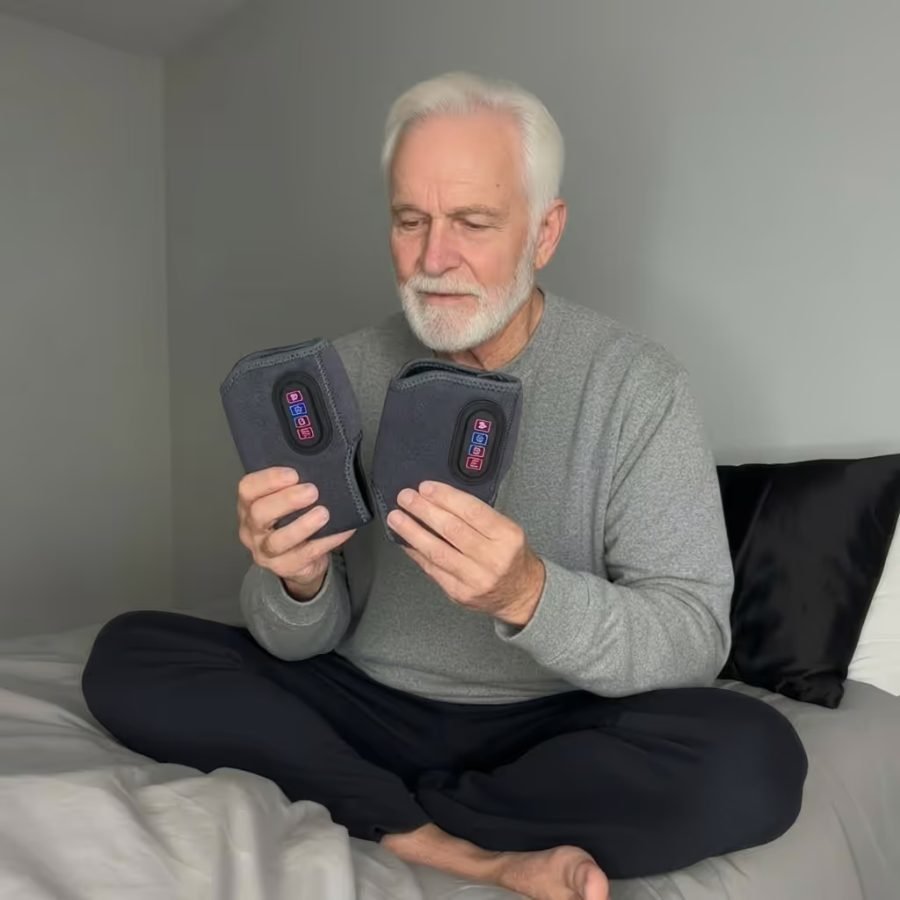 Man sitting on a bed examining the pair of EMSense foot massagers